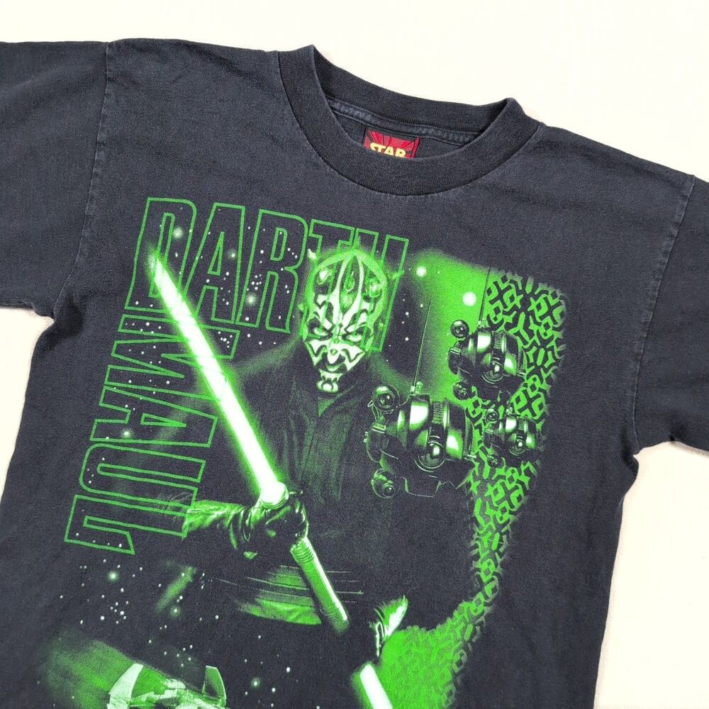 Vintage Star Wars Darth Maul Green Graphic Black T Shirt Youth XL Episode 1 90's